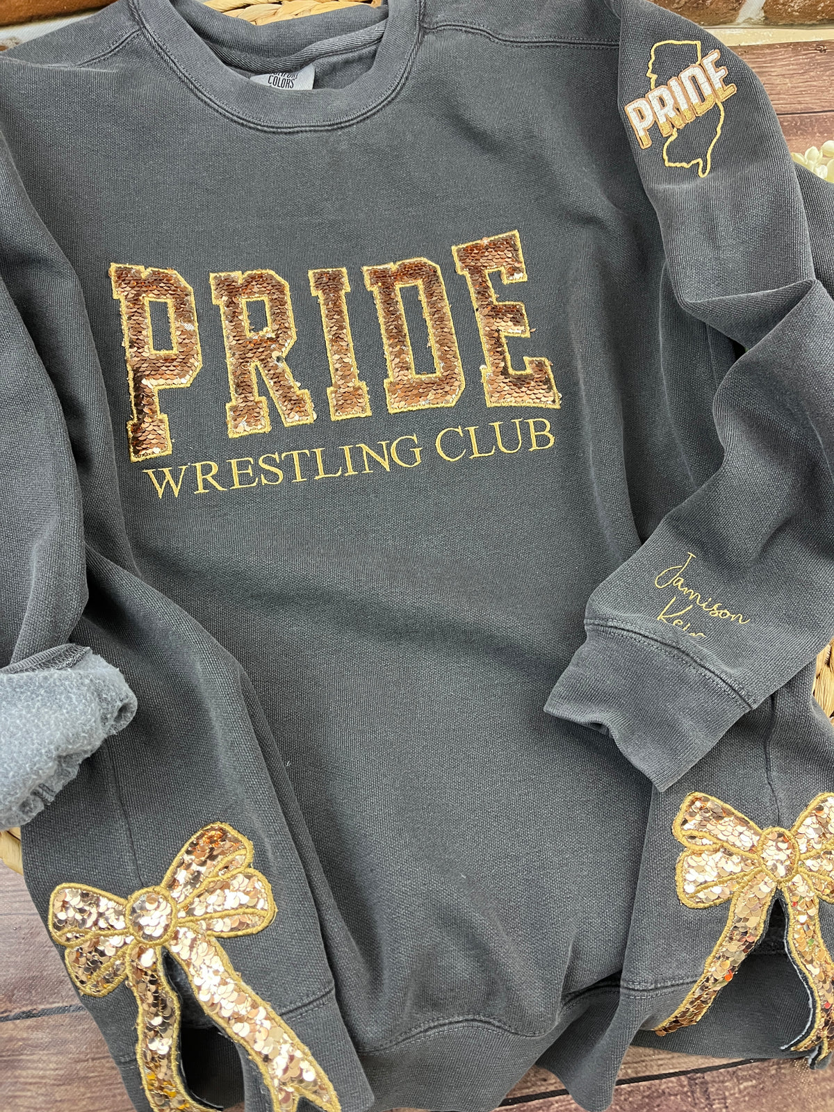 Custom wrestling club sweatshirt with sequin lettering - detail view