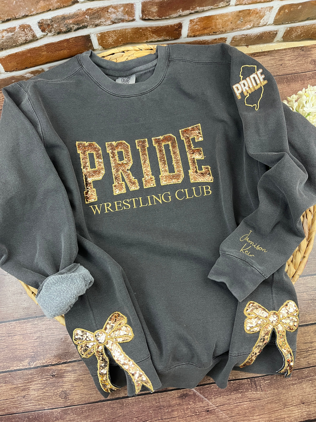 Custom wrestling club sweatshirt with sequin lettering