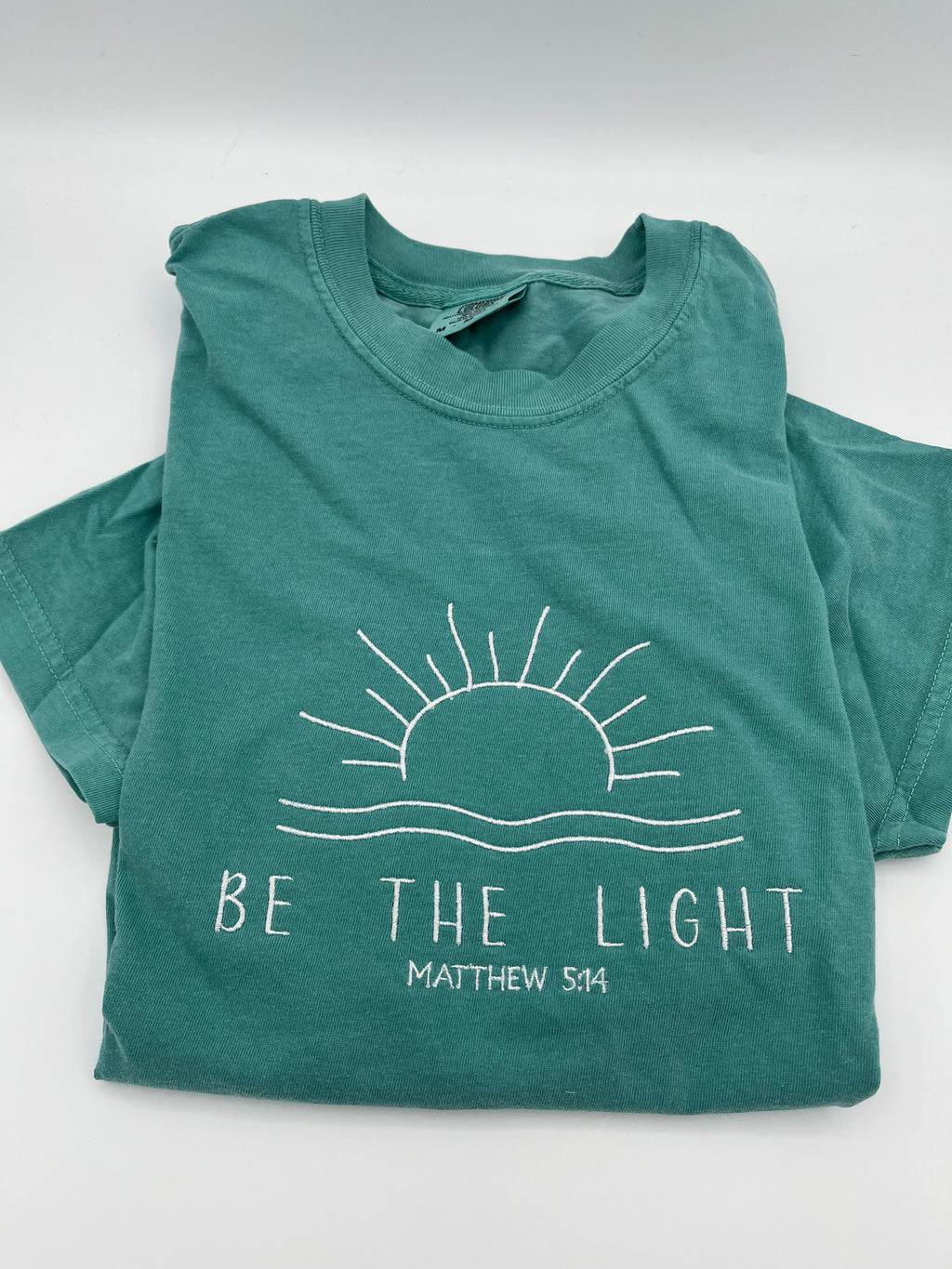 Be the Light Christian shirt with scripture inspired lettering - detail view