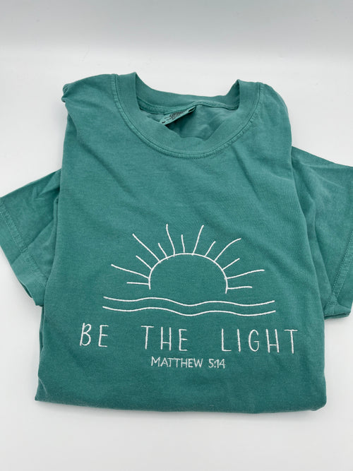 Be the Light Christian shirt with scripture inspired lettering - detail view