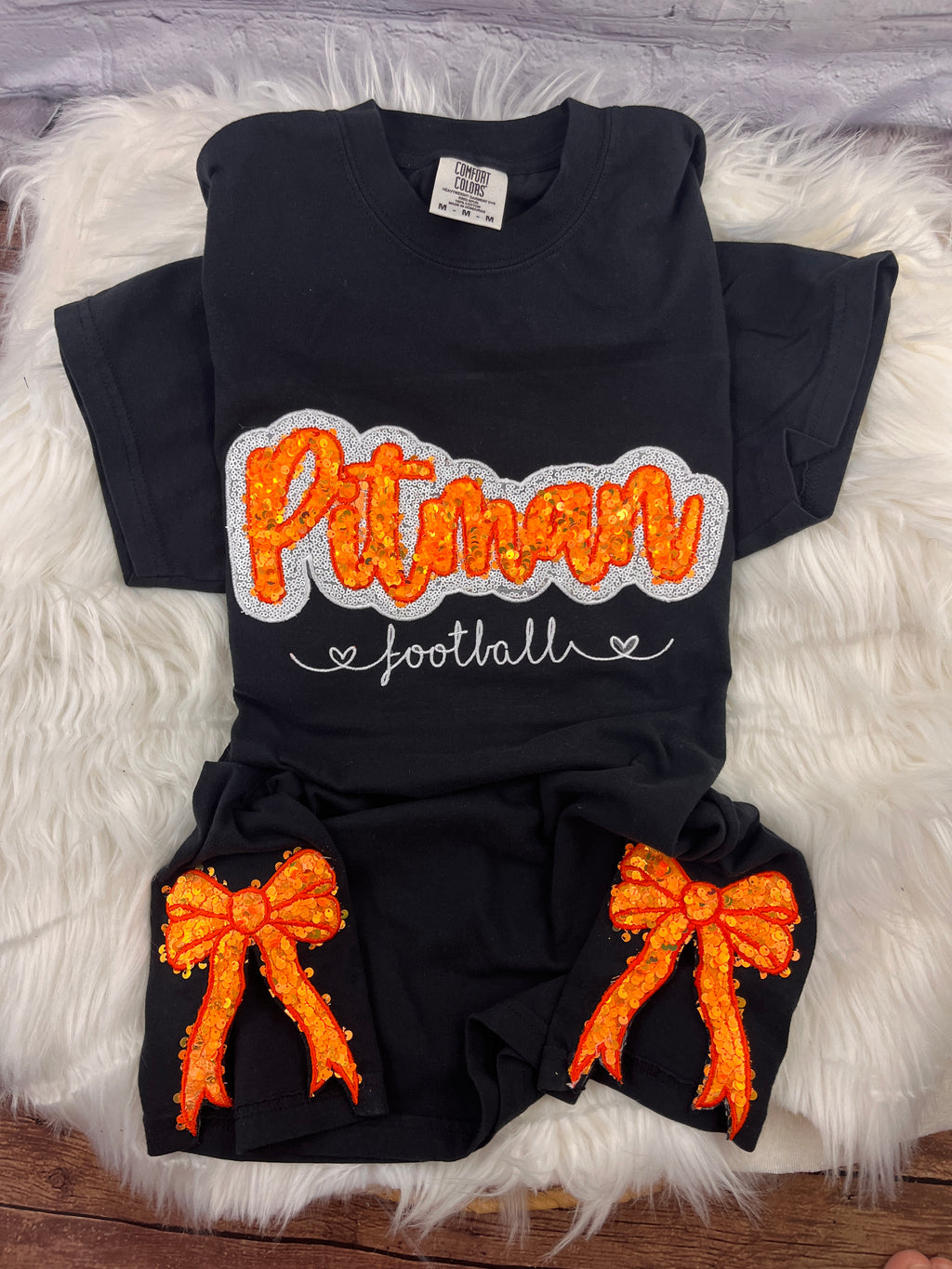 Pitman Football Sequin Sweatshirt | Orange Sequin on Velvet Applique with Embroidered Football | Optional Side Bows