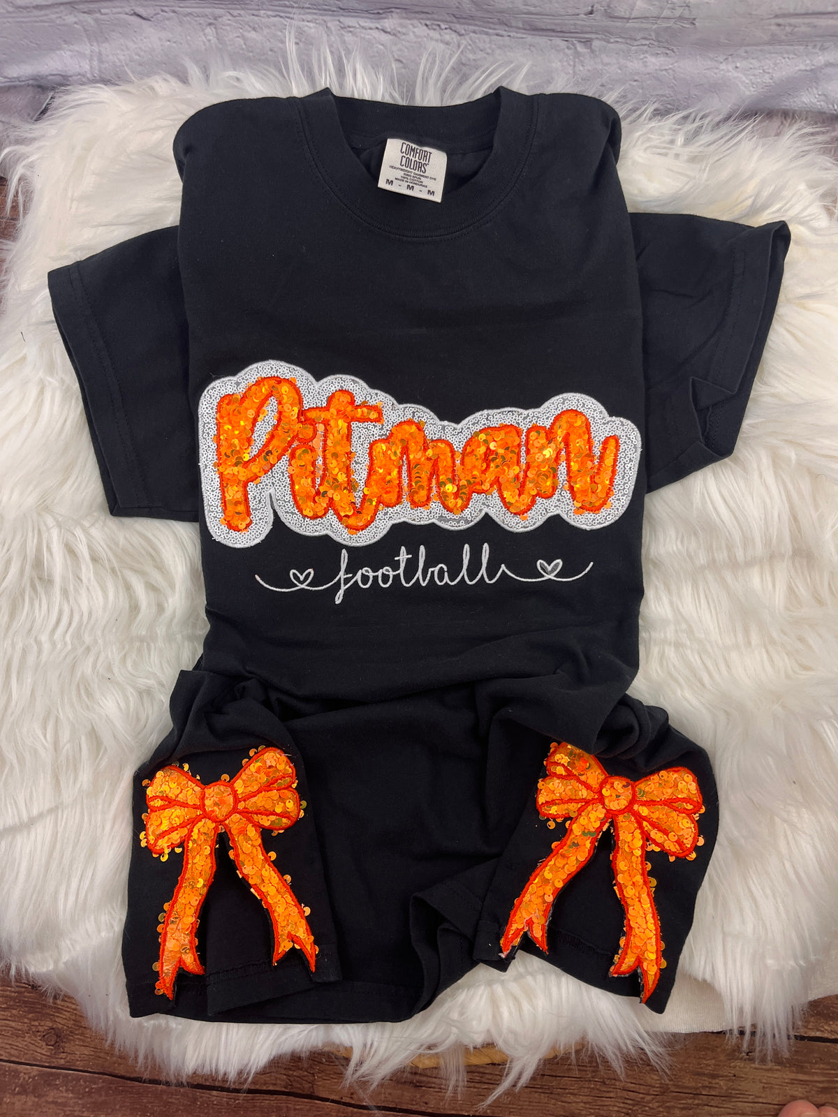 Pitman Football Sequin Sweatshirt | Orange Sequin on Velvet Applique with Embroidered Football | Optional Side Bows