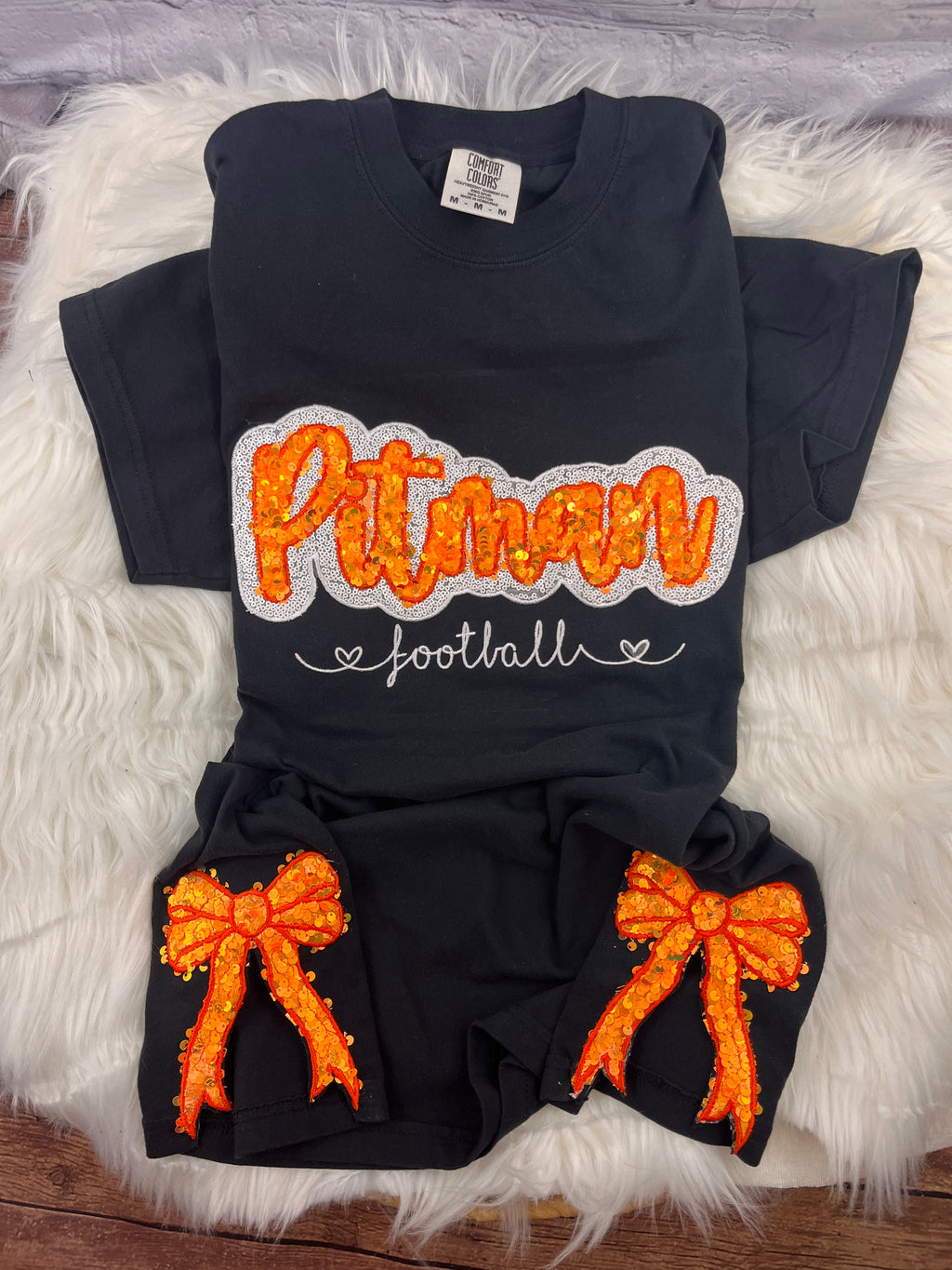 Pitman Football Sequin Sweatshirt | Orange Sequin on Velvet Applique with Embroidered Football | Optional Side Bows