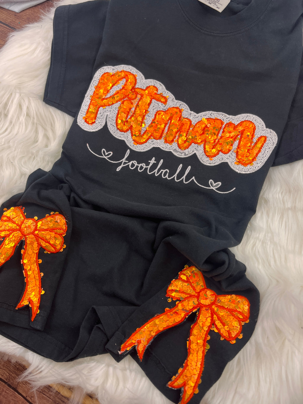 Pitman Football Sequin Sweatshirt | Orange Sequin on Velvet Applique with Embroidered Football | Optional Side Bows