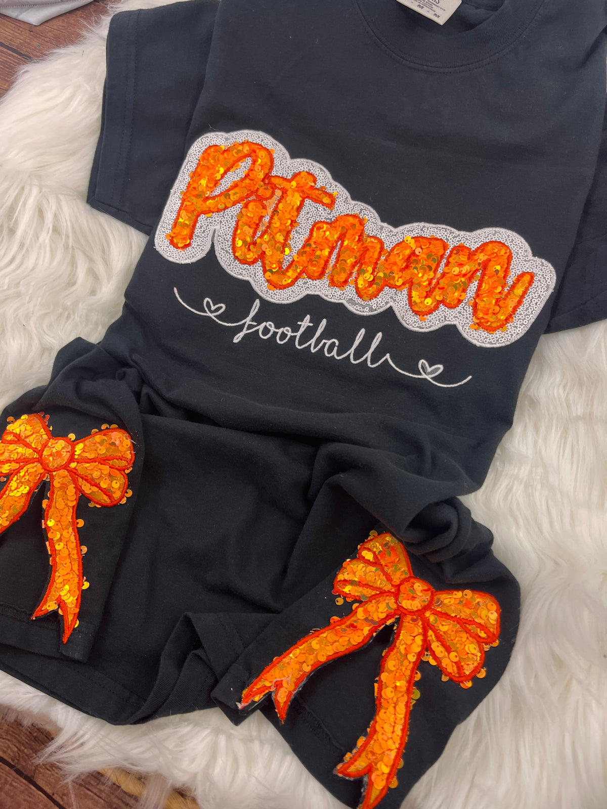 Pitman Football Sequin Sweatshirt | Orange Sequin on Velvet Applique with Embroidered Football | Optional Side Bows