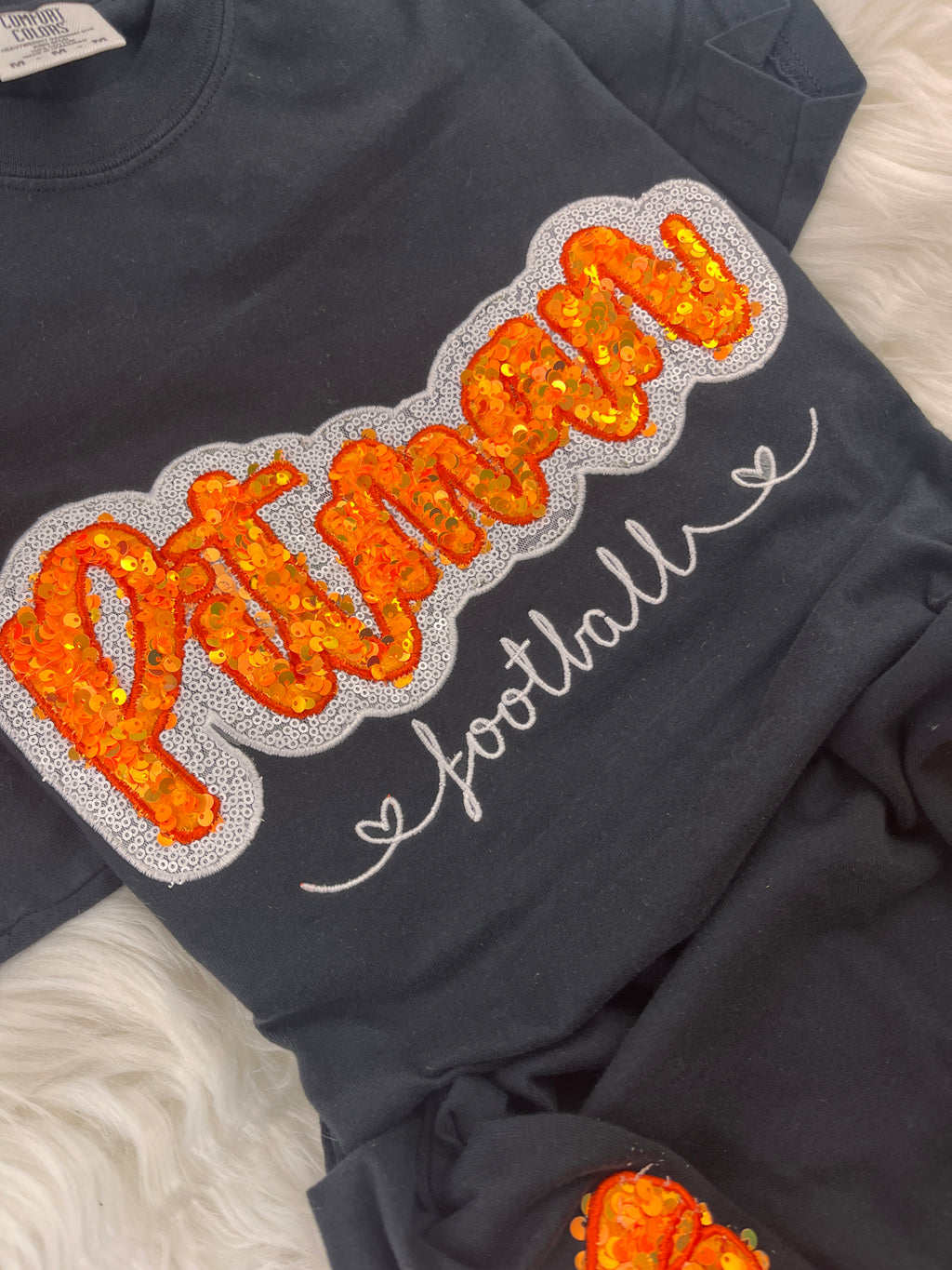 Pitman Football Sequin Sweatshirt | Orange Sequin on Velvet Applique with Embroidered Football | Optional Side Bows