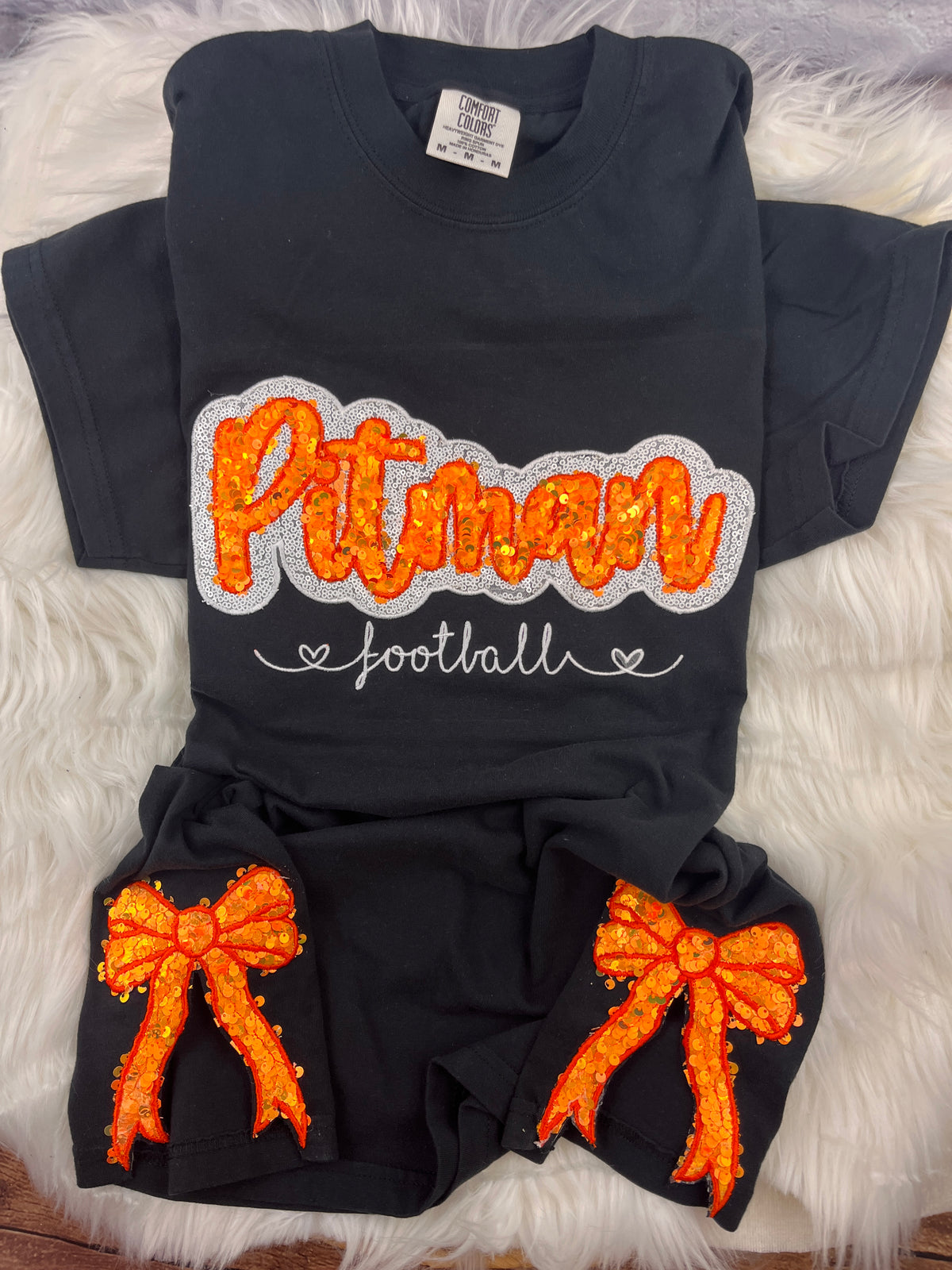 Pitman Football Sequin Sweatshirt | Orange Sequin on Velvet Applique with Embroidered Football | Optional Side Bows