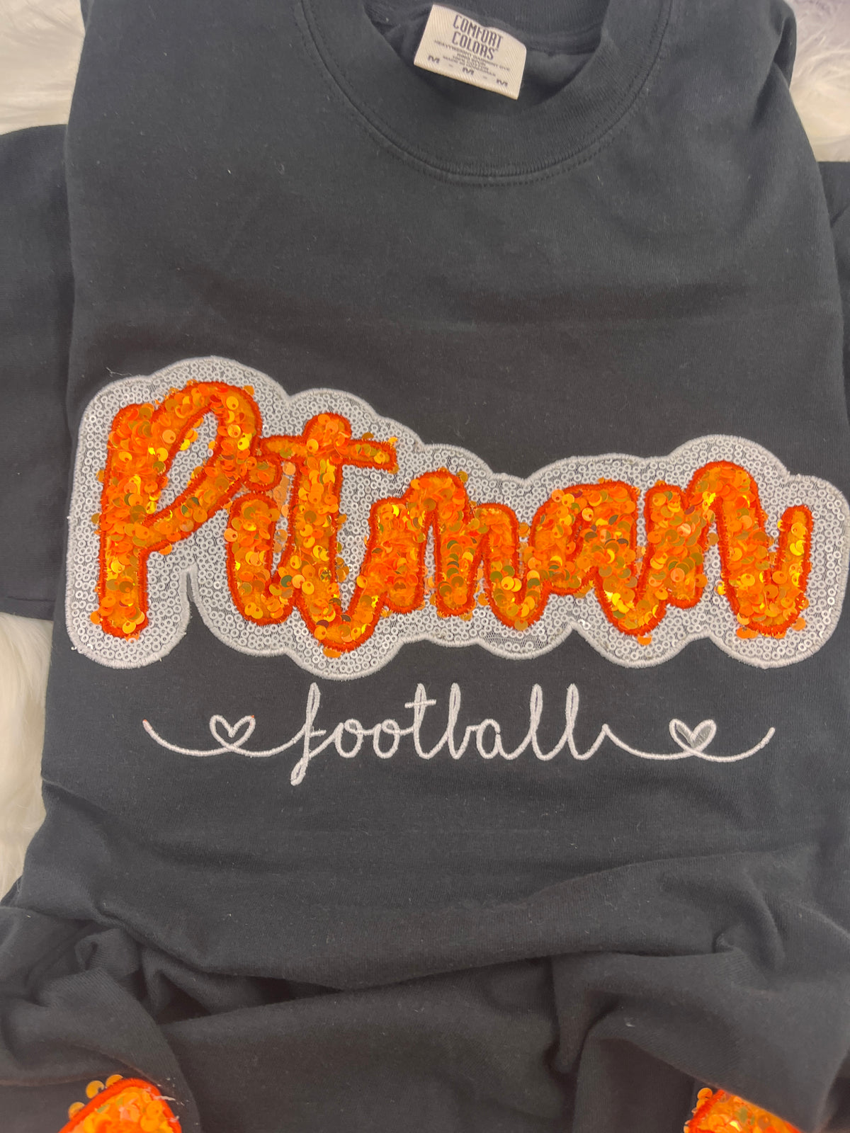 Pitman Football Sequin Sweatshirt | Orange Sequin on Velvet Applique with Embroidered Football | Optional Side Bows