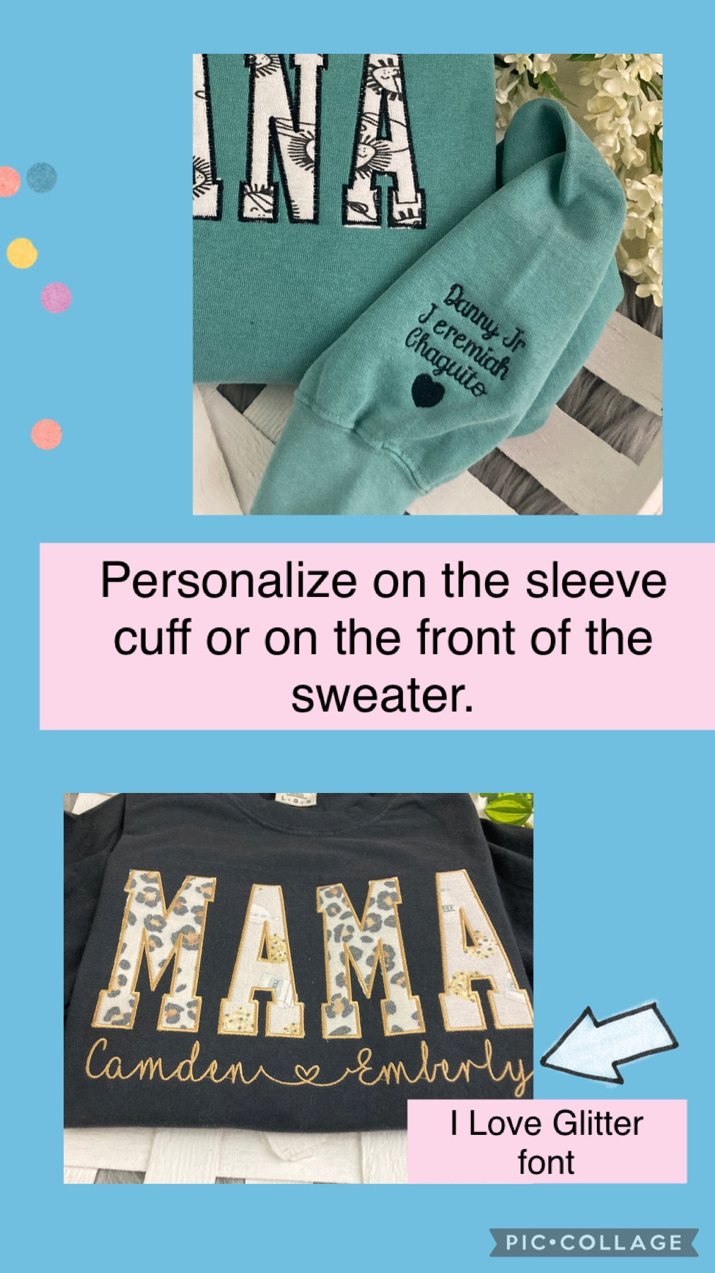 Custom name embroidery add on for sweatshirts blankets and weighted animals - styled photo