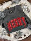 MERRY sequin Christmas sweatshirt in curved script with holly berries