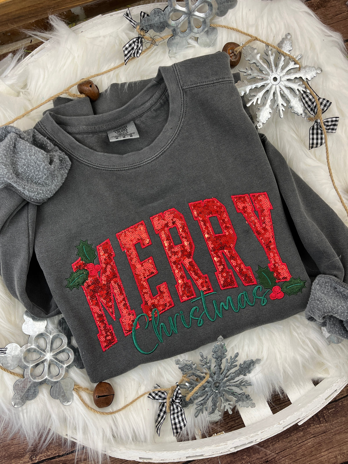 MERRY sequin Christmas sweatshirt in curved script with holly berries