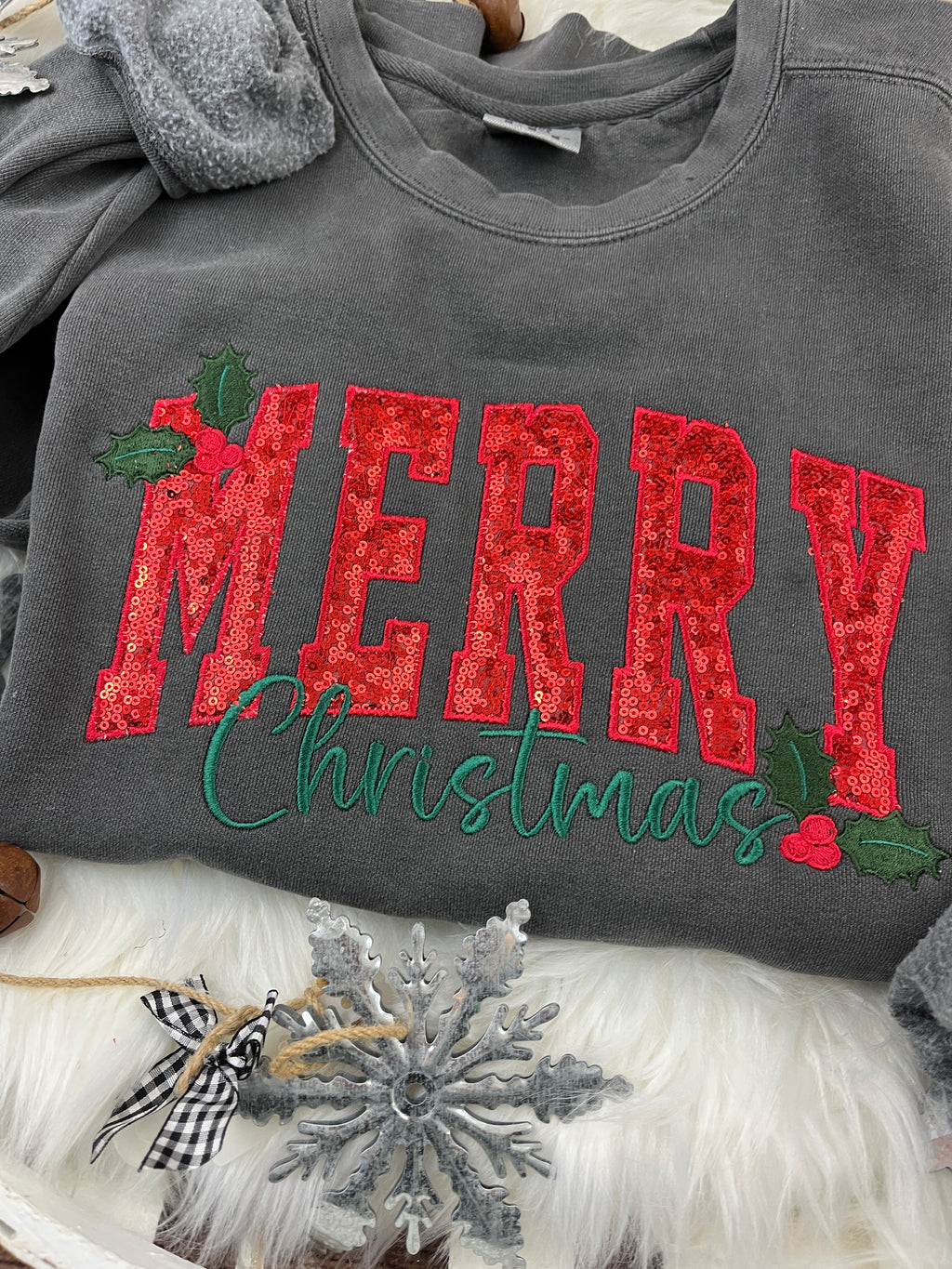 MERRY sequin Christmas sweatshirt in curved script with holly berries - detail view 3