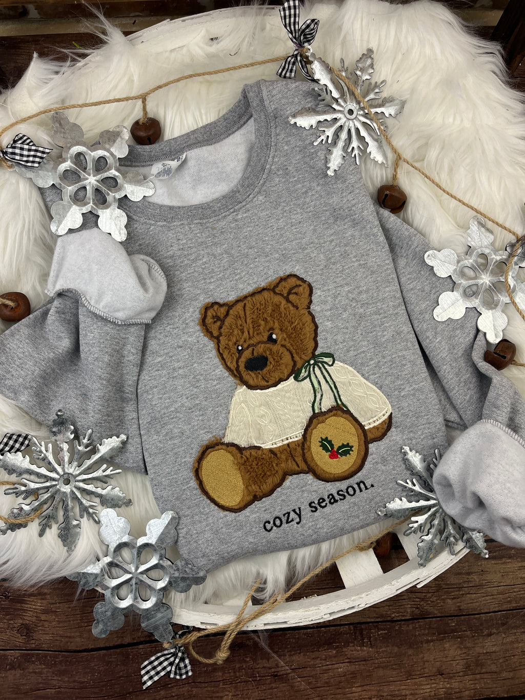 Christmas bear sweatshirt with brown sherpa applique and holly paw design - detail view 6