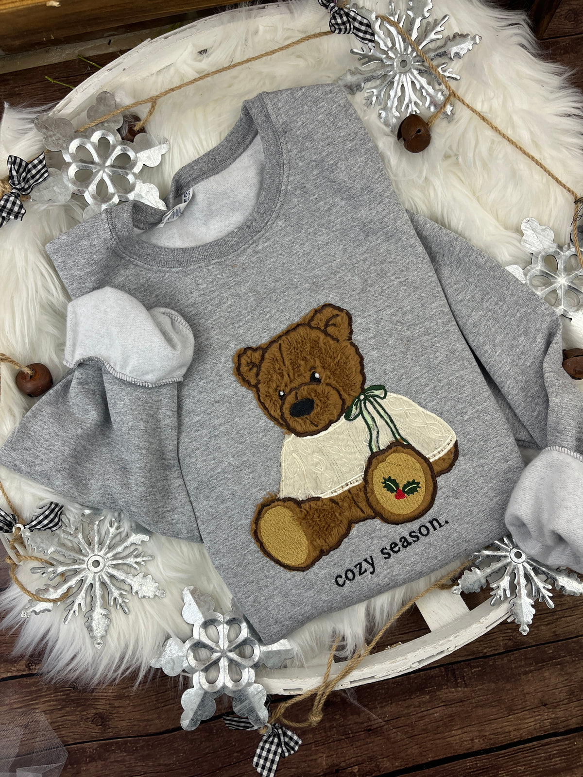 Christmas bear sweatshirt with brown sherpa applique and holly paw design - detail view 5