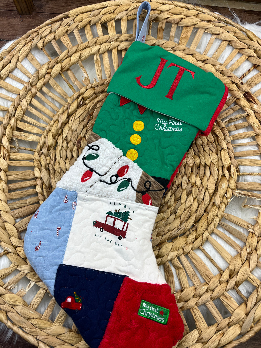 Memory keepsake Christmas stocking quilted from baby clothes with name cuff - detail view