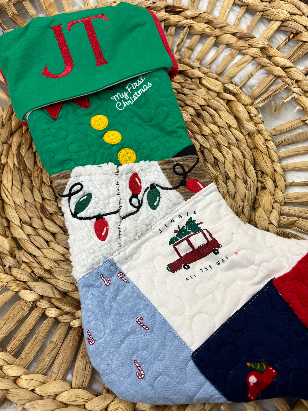 Memory keepsake Christmas stocking quilted from baby clothes with name cuff