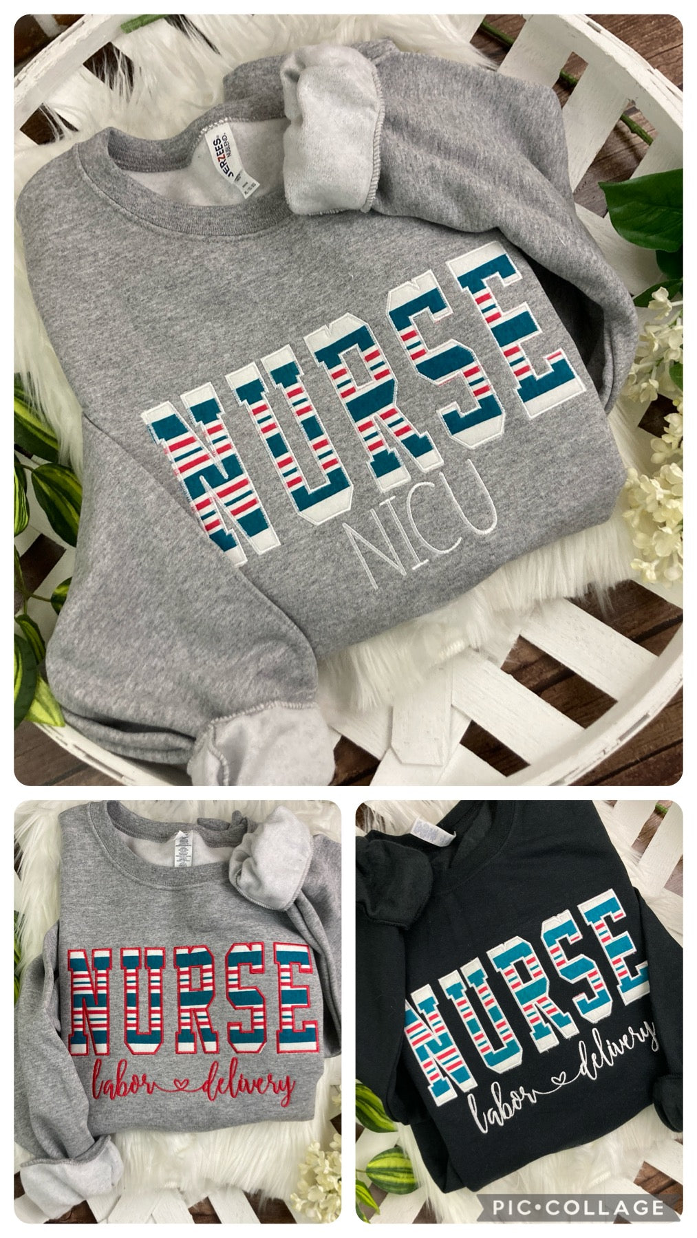 Nurse keepsake sweatshirt appliqued from a baby hospital swaddle blanket - product photo