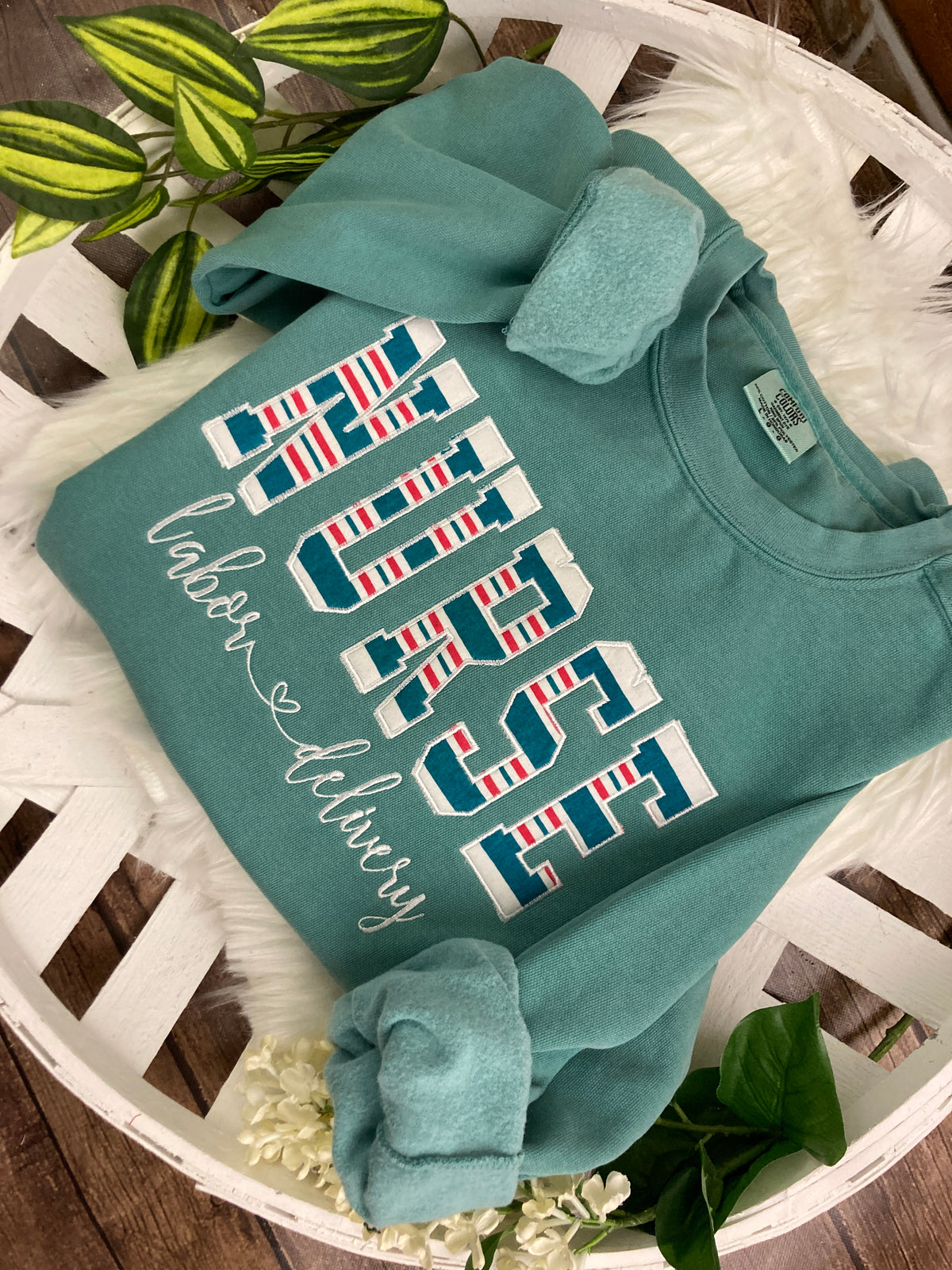 Nurse keepsake sweatshirt appliqued from a baby hospital swaddle blanket - additional view