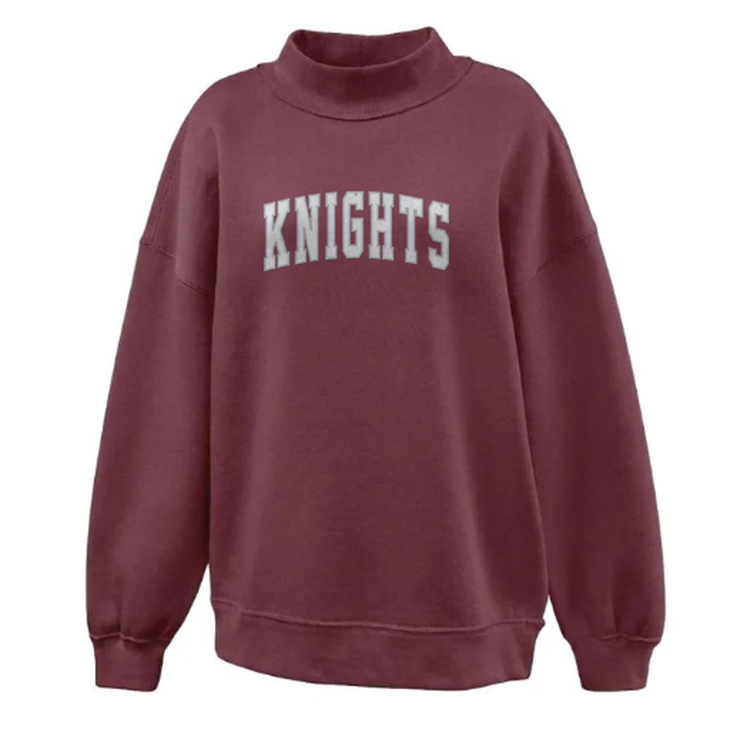 Merchantville Knights mock neck sweatshirt in maroon with grey KNIGHTS applique