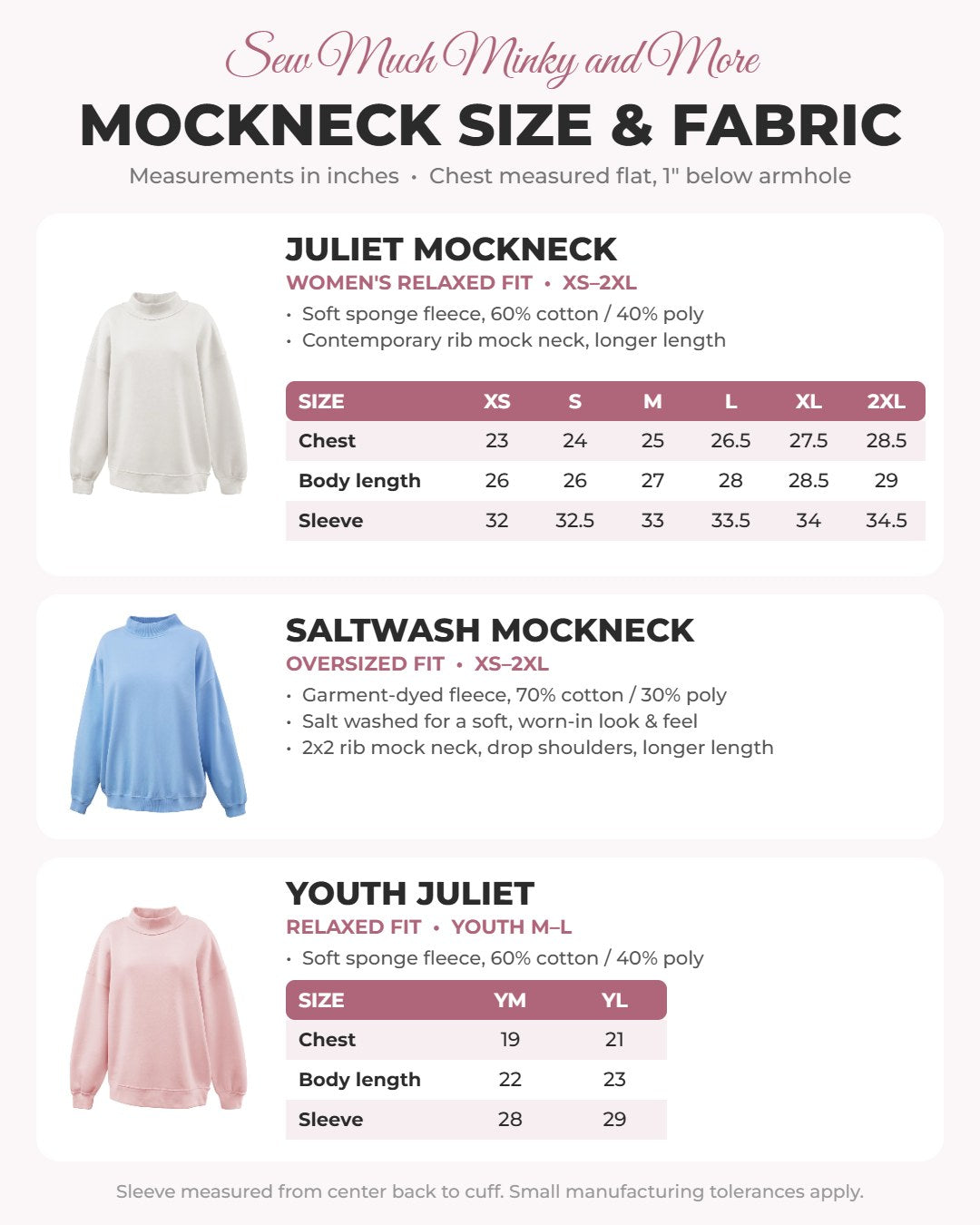Mock neck size guide including Youth Juliet sizes M and L