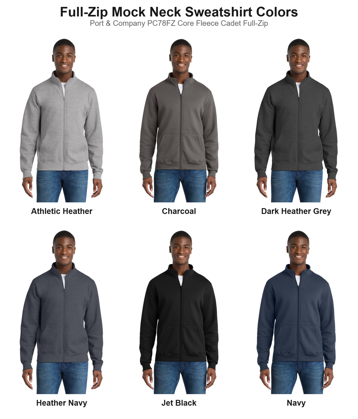 Port and Company full zip mock neck sweatshirt color chart