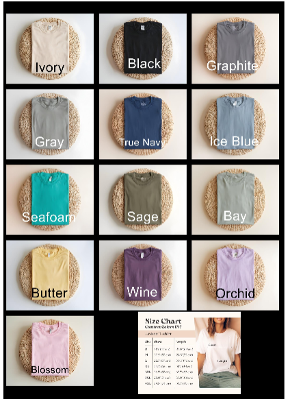 Comfort Colors t-shirt color options and size chart