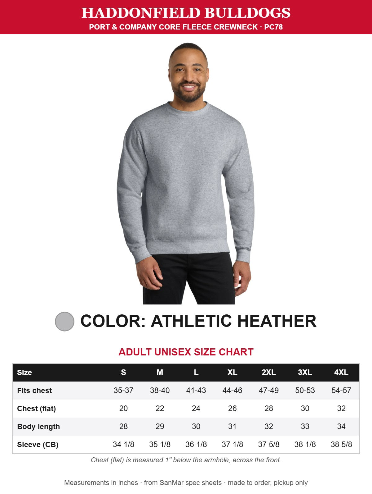 Athletic Heather Port & Company crewneck with size chart
