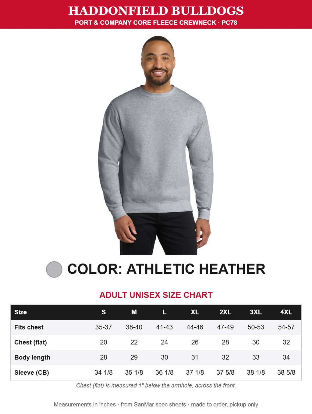 Athletic Heather Port & Company crewneck with size chart