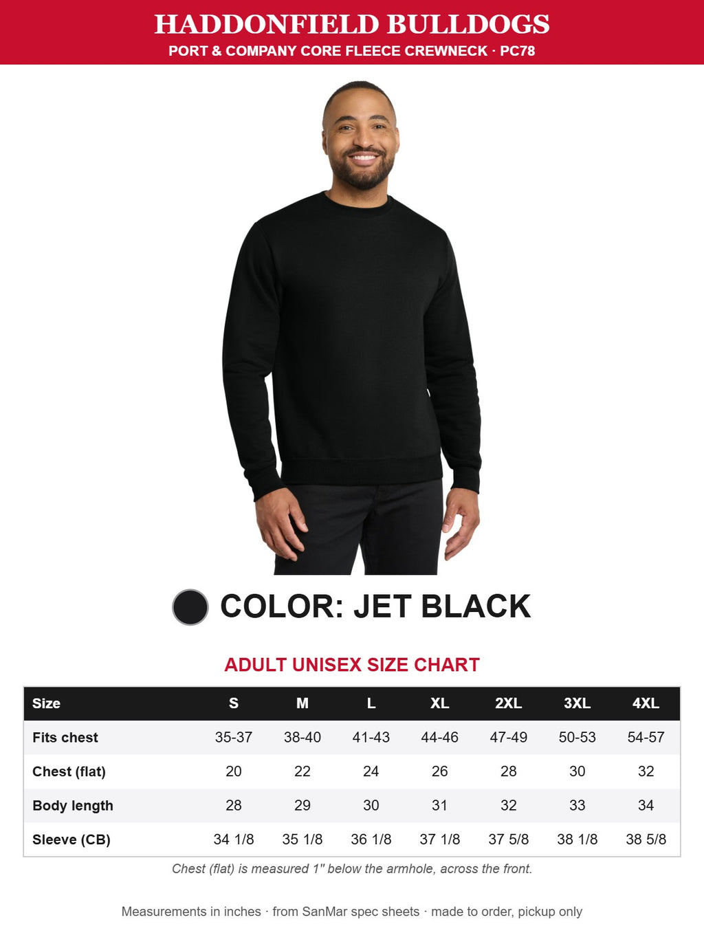 Jet Black Port & Company crewneck with size chart