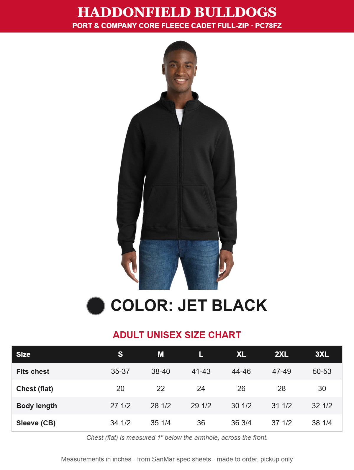 Jet Black Port & Company cadet full-zip with size chart