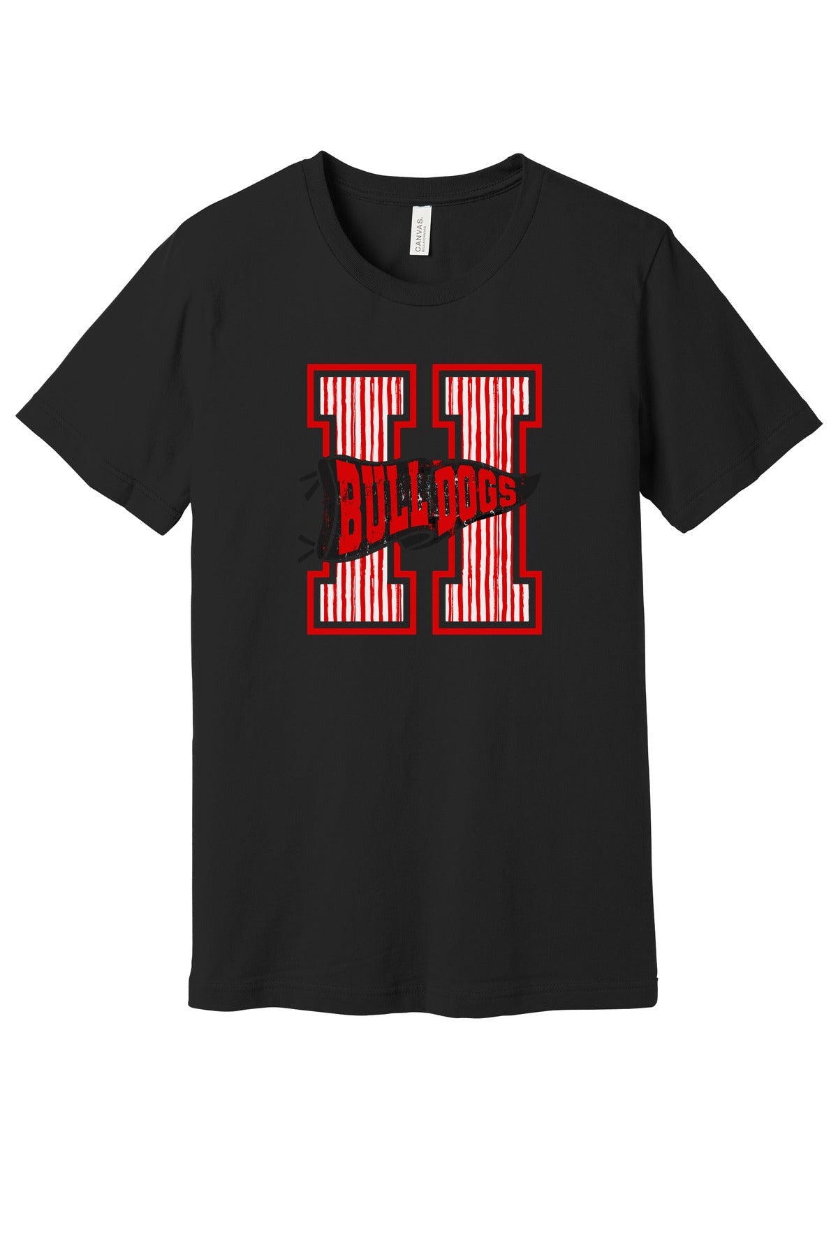 Haddonfield Bulldogs pennant H design on a black Bella+Canvas tee