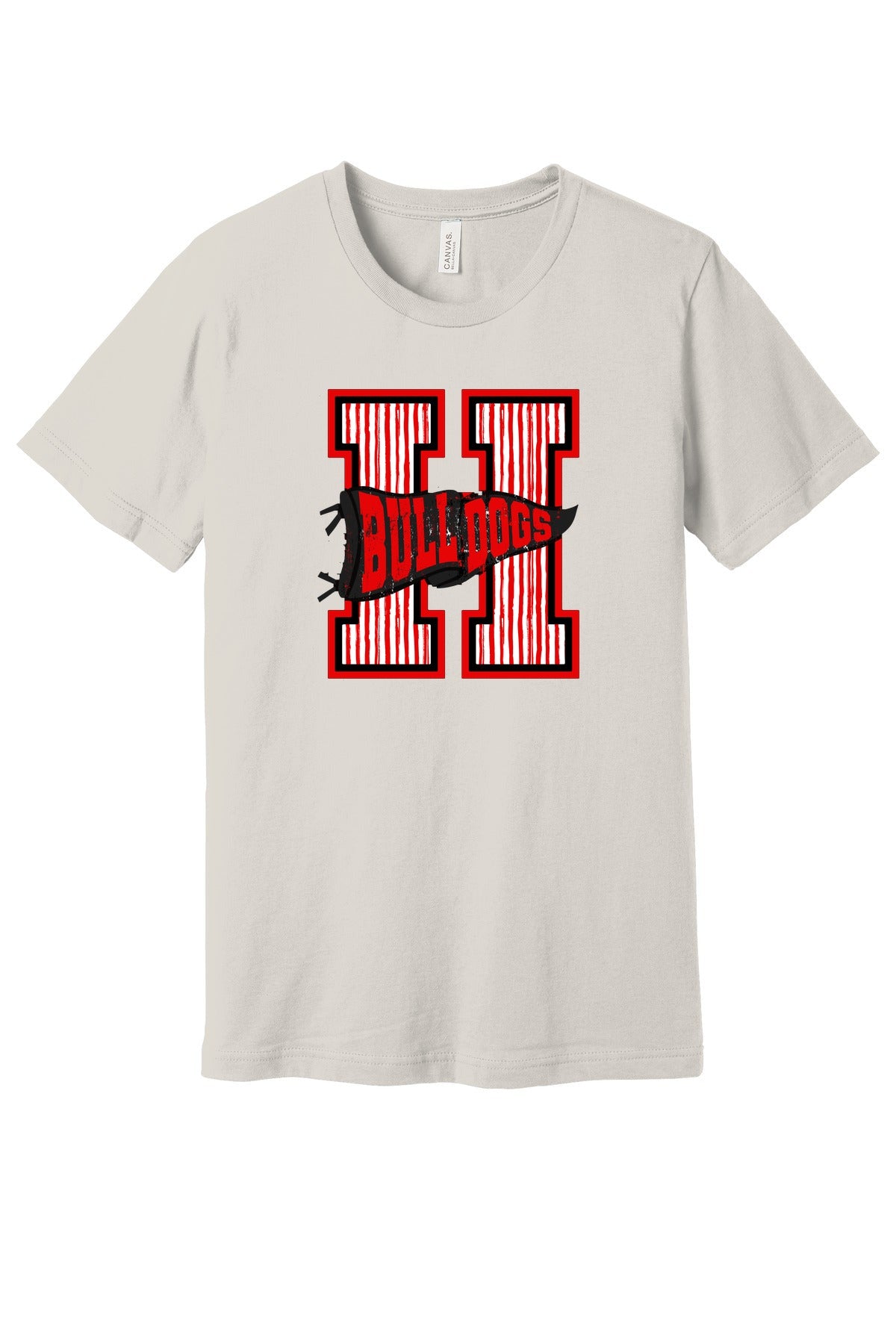 Haddonfield Bulldogs pennant H design on a Vintage White Bella+Canvas tee