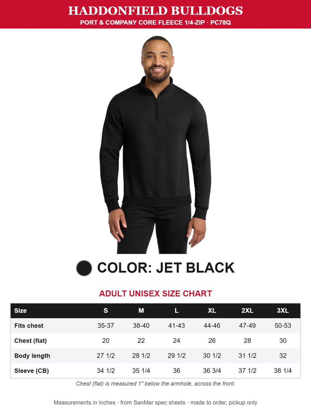 Jet Black Port & Company quarter-zip with size chart