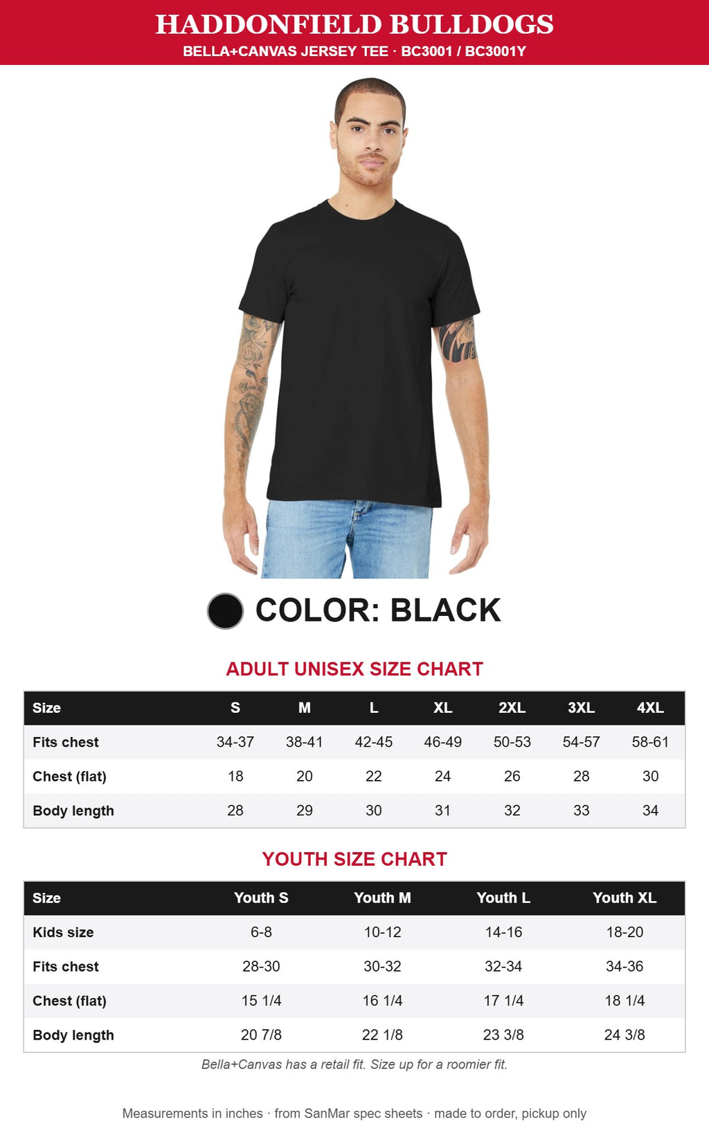 Black Bella+Canvas tee with adult and youth size charts
