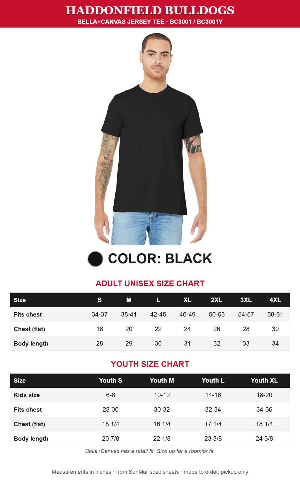 Black Bella+Canvas tee with adult and youth size charts