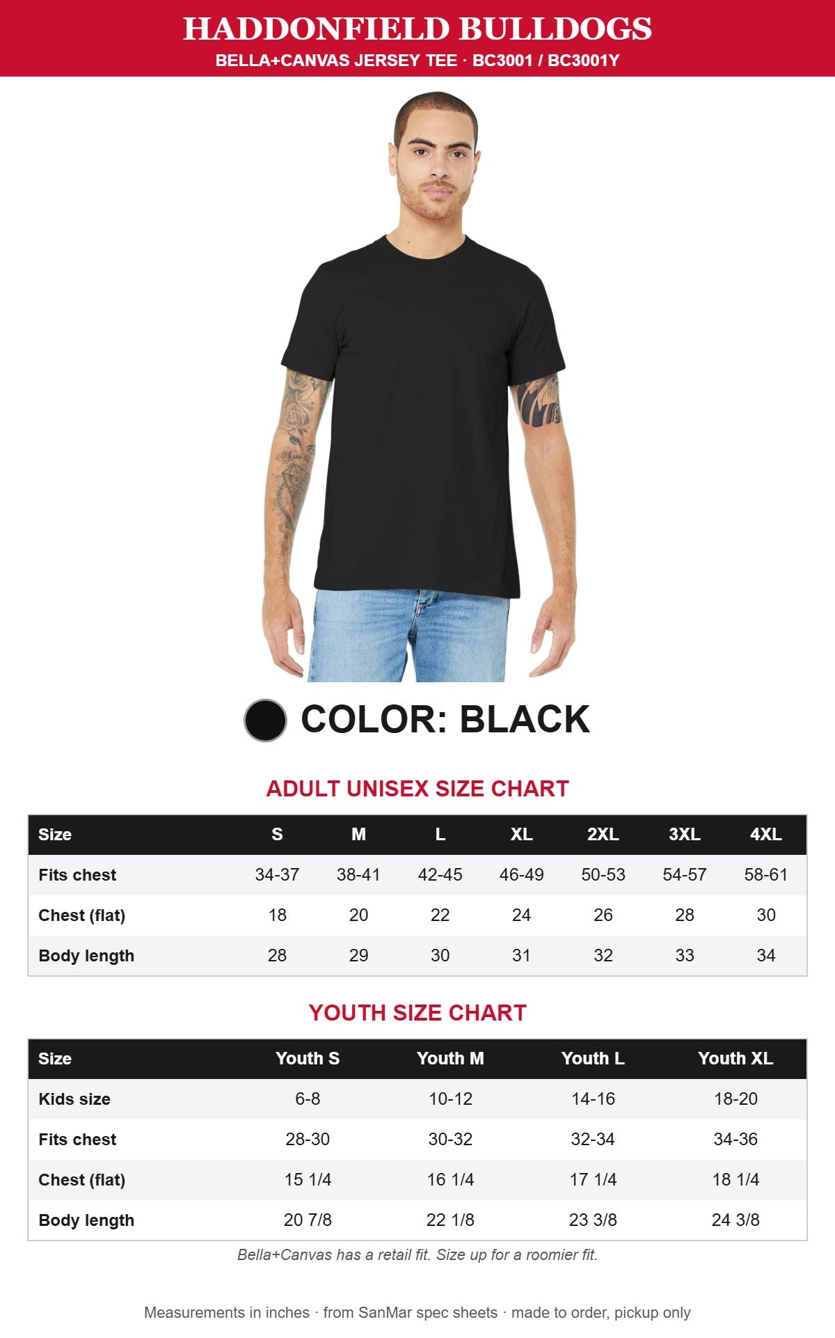 Black Bella+Canvas tee with adult and youth size charts