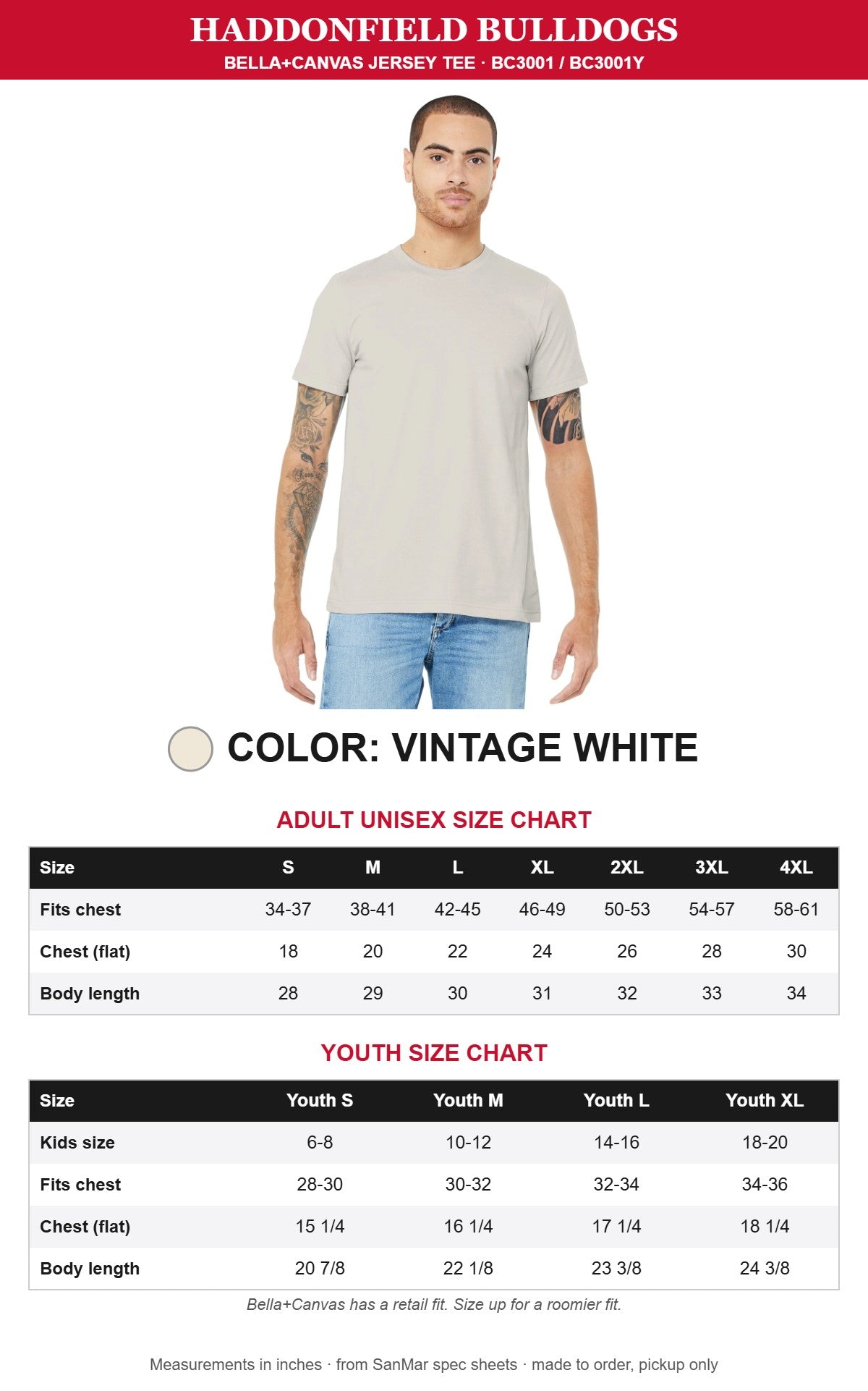 Vintage White Bella+Canvas tee with adult and youth size charts