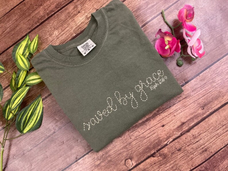 Saved by grace Ephesians 2 8 9 embroidered Christian shirt - detail view