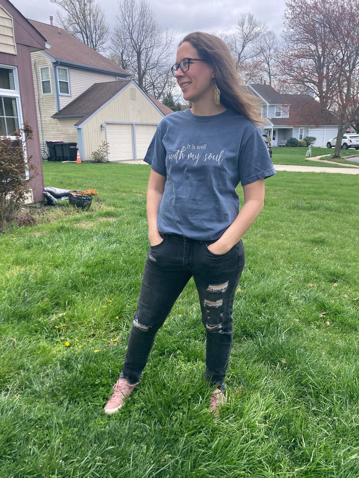 It is well with my soul Psalm 46 embroidered Christian shirt - close up view