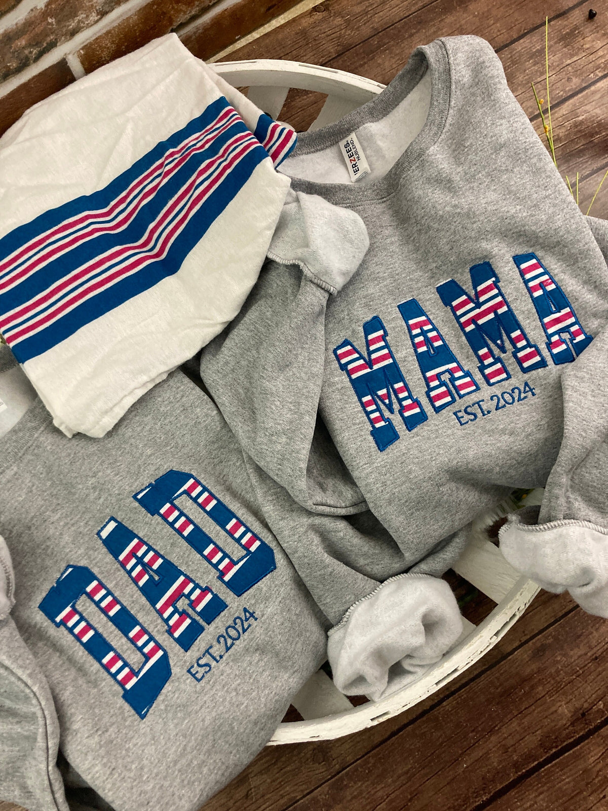 Curved DAD applique keepsake sweatshirt made from a hospital swaddle blanket - alternate view