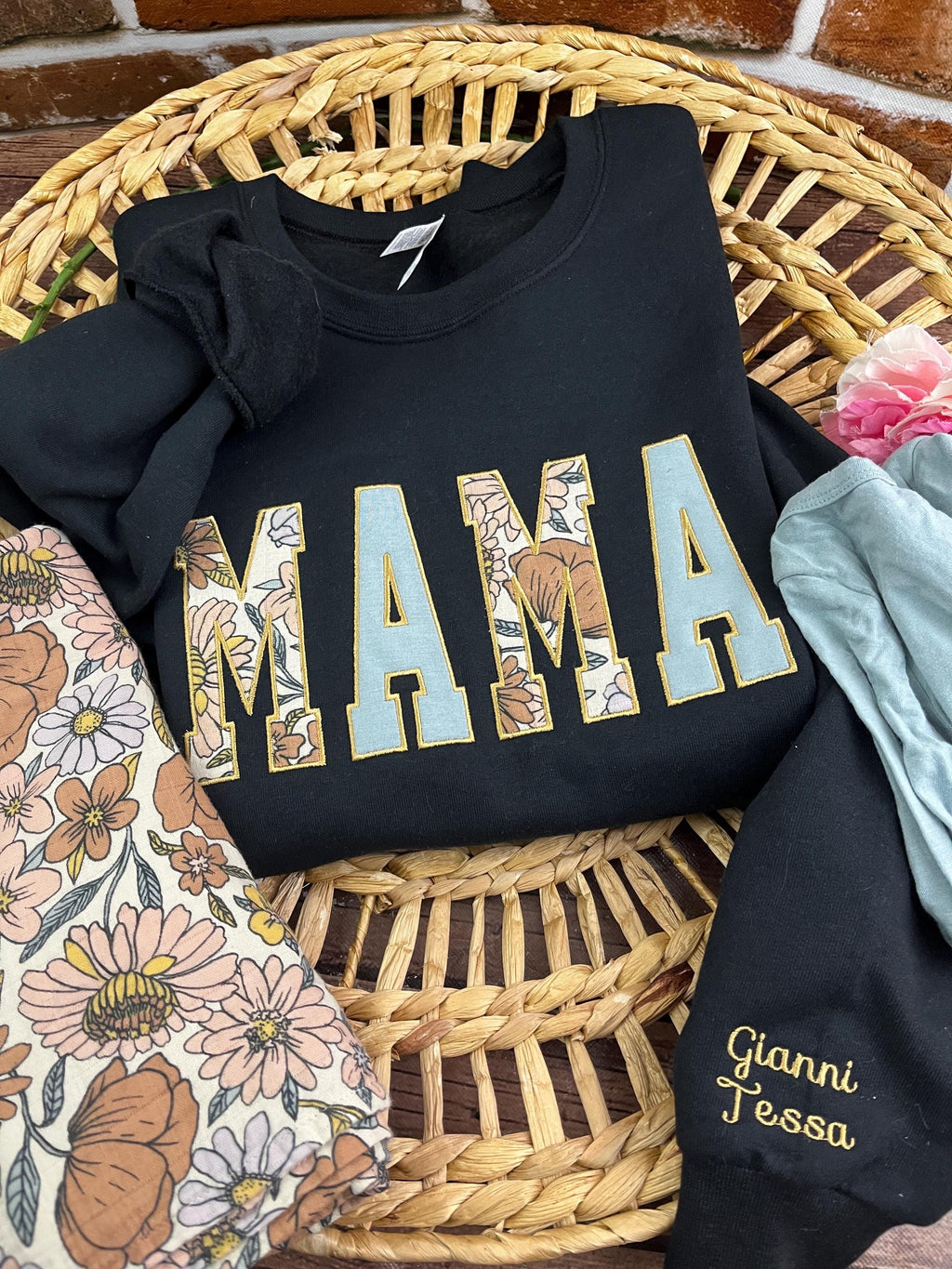 Mama baby clothes keepsake sweatshirt with custom applique made from baby outfits - detail view