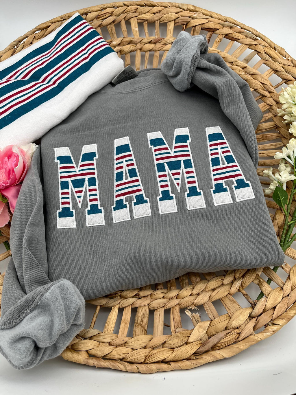 MAMA applique keepsake sweatshirt made from a hospital swaddle blanket