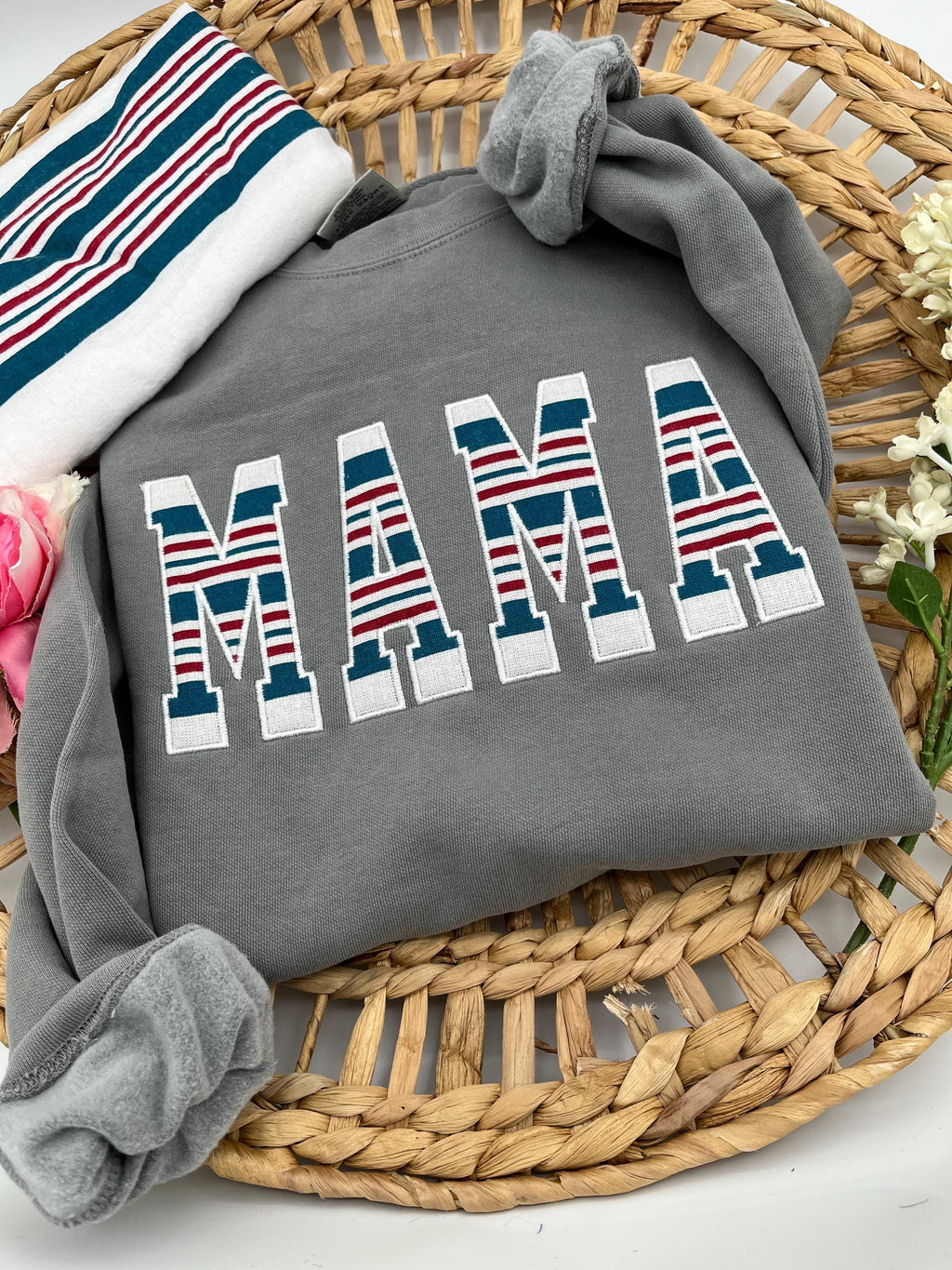 MAMA applique keepsake sweatshirt made from a hospital swaddle blanket - detail view