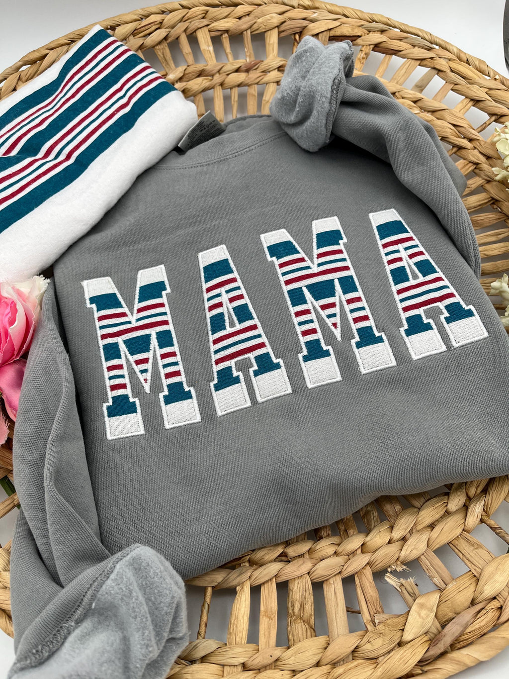MAMA applique keepsake sweatshirt made from a hospital swaddle blanket - alternate view