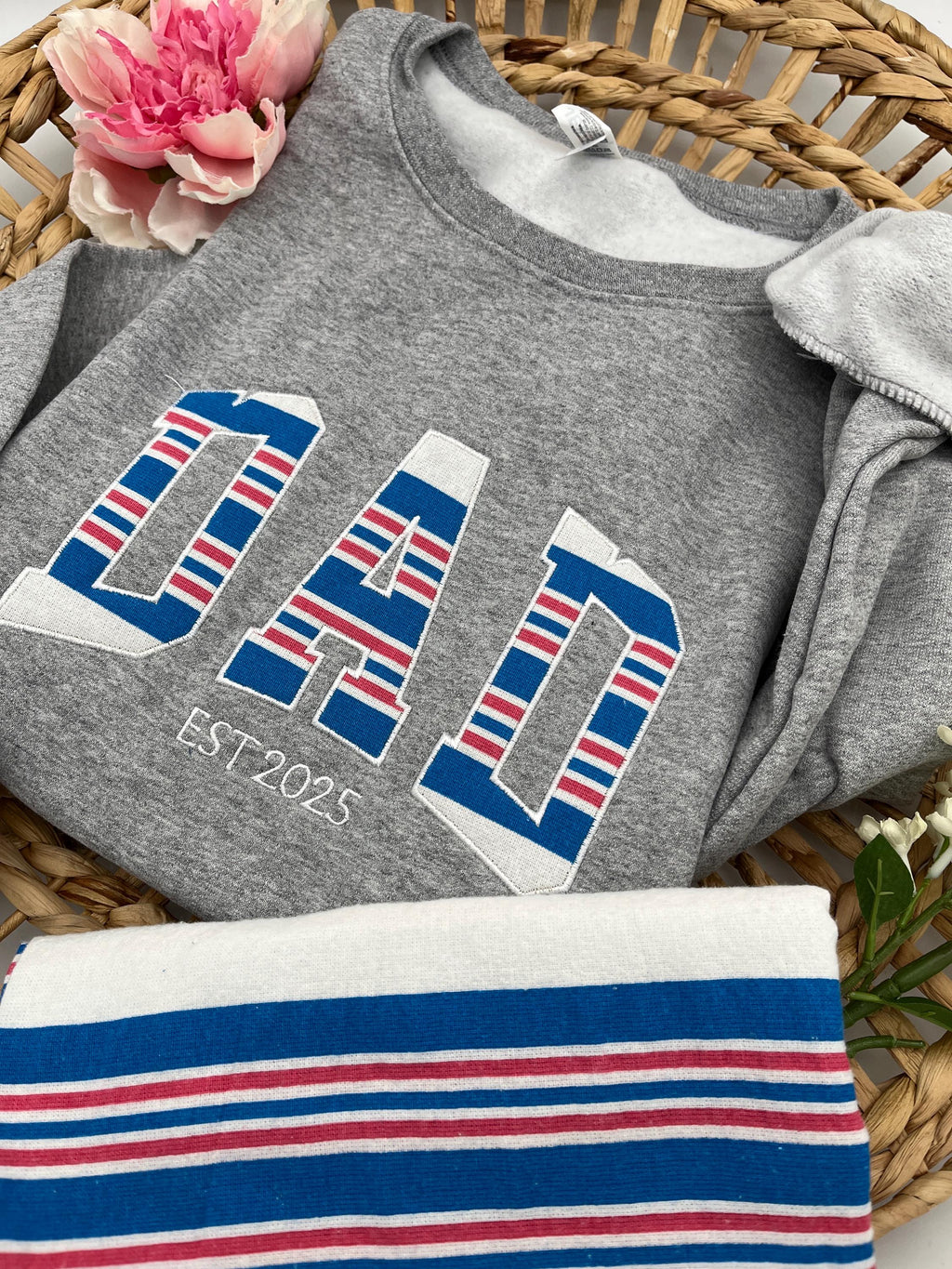 Curved DAD applique keepsake sweatshirt made from a hospital swaddle blanket - detail view