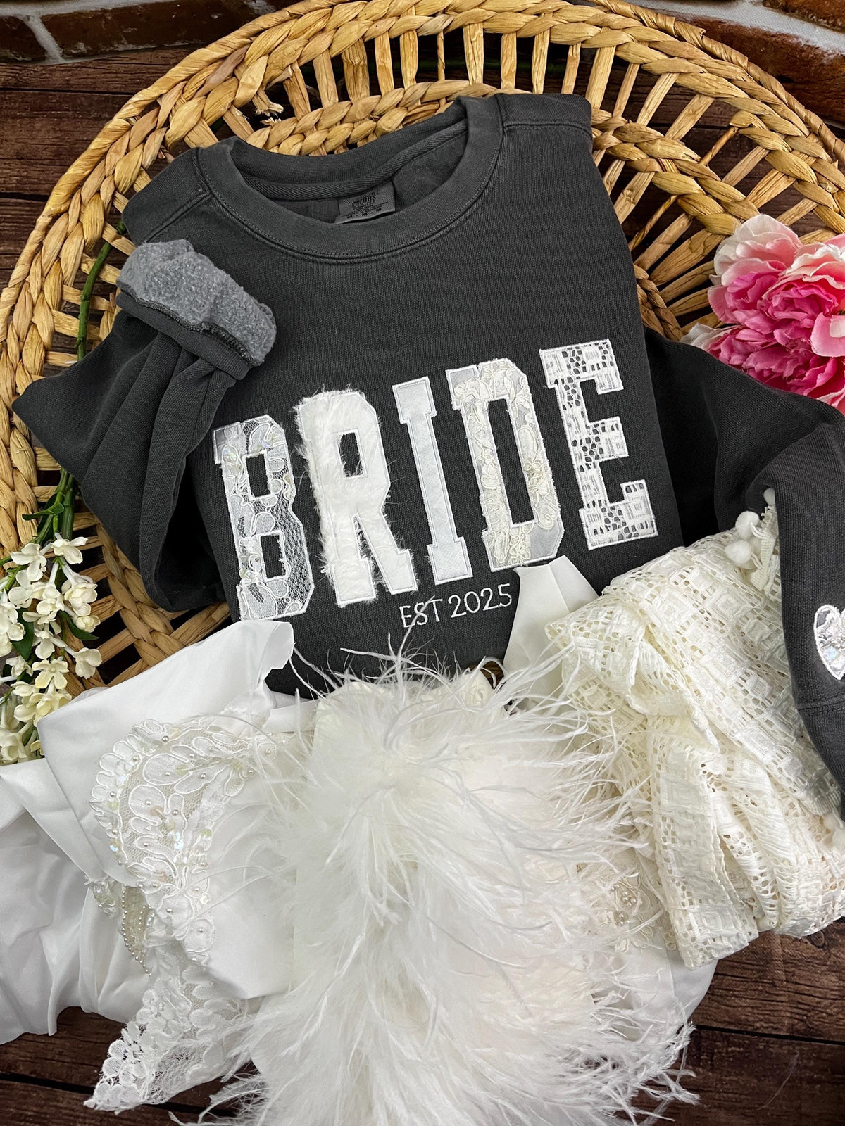 Custom BRIDE applique keepsake sweatshirt made from wedding dress fabric - alternate view