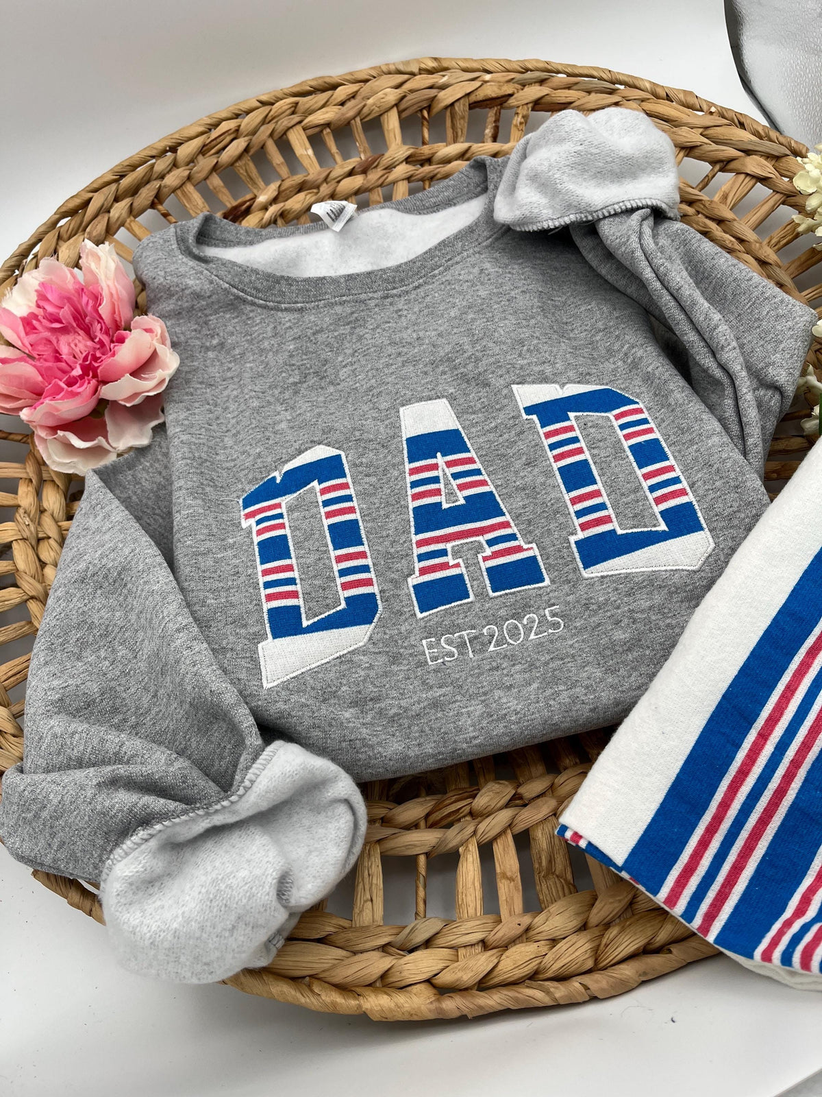 Curved DAD applique keepsake sweatshirt made from a hospital swaddle blanket