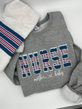 Nurse mom keepsake sweatshirt appliqued from a baby hospital swaddle blanket