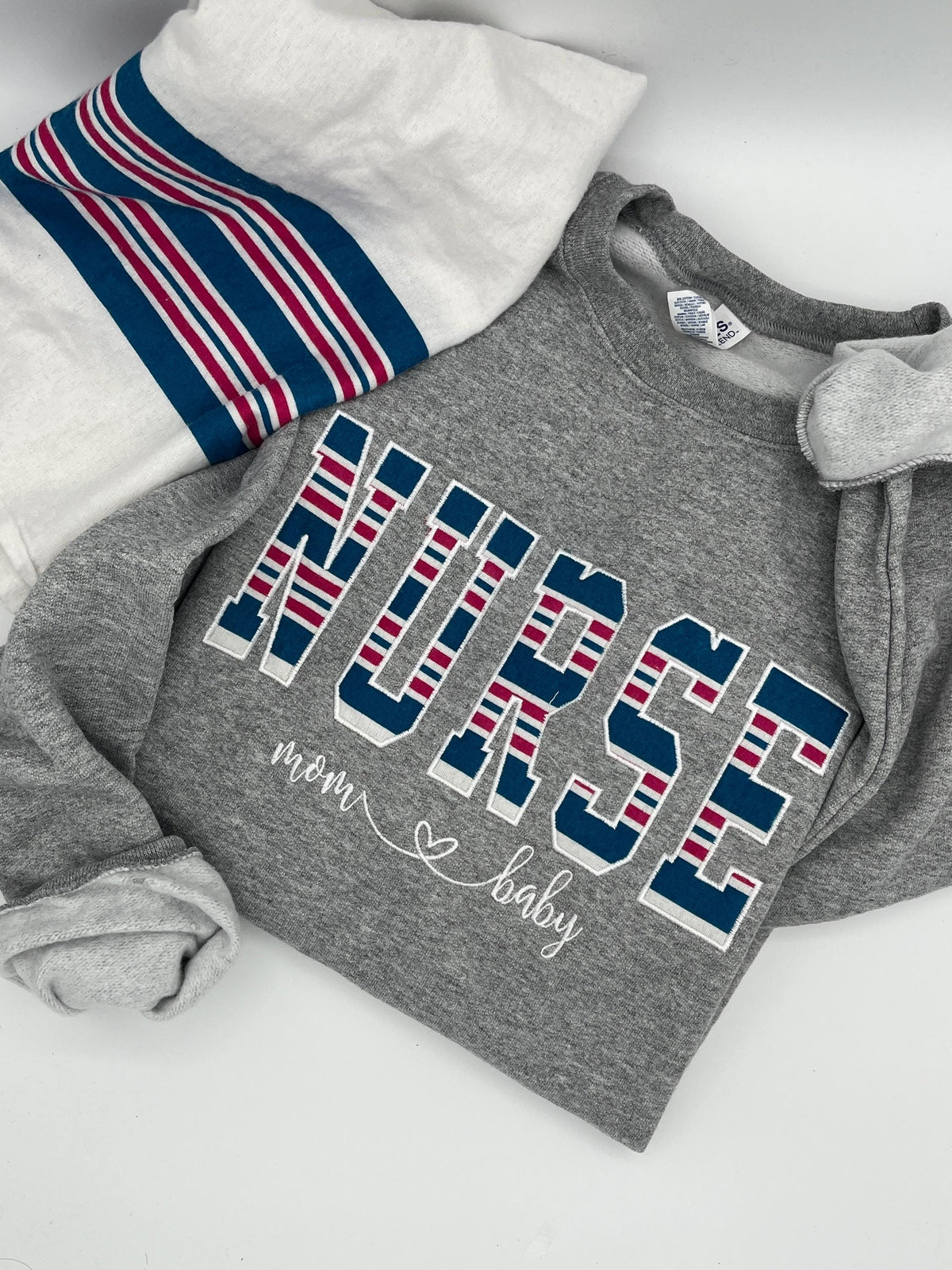Nurse mom keepsake sweatshirt appliqued from a baby hospital swaddle blanket - alternate view