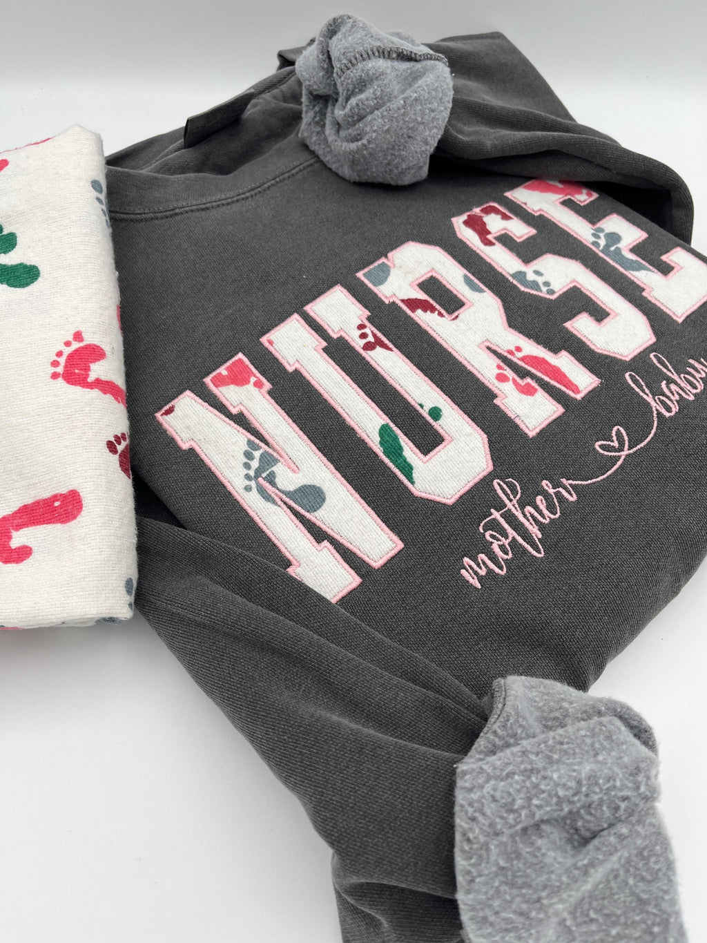 Nurse mom keepsake sweatshirt appliqued from a baby hospital swaddle blanket - view 4